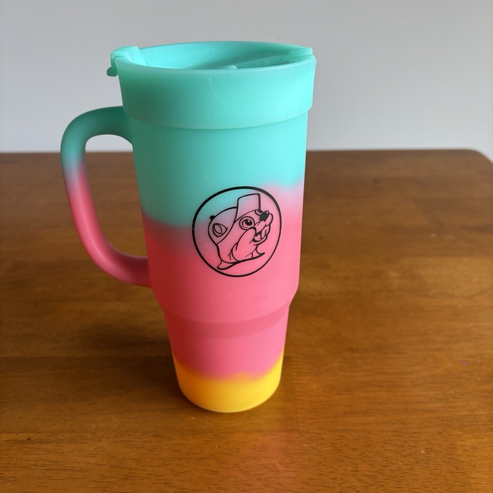Buc-ee's Silipint Silicone Tumbler with Handle Teal Pink Yellow Logo Travel Mug